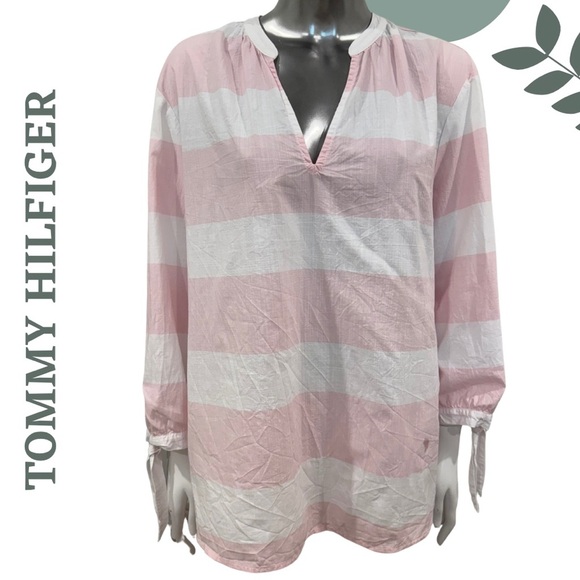 Classic Cotton Stripe Top by Tommy Hilfiger - Pink White Blouse Plus Size XXL - Picture 1 of 7